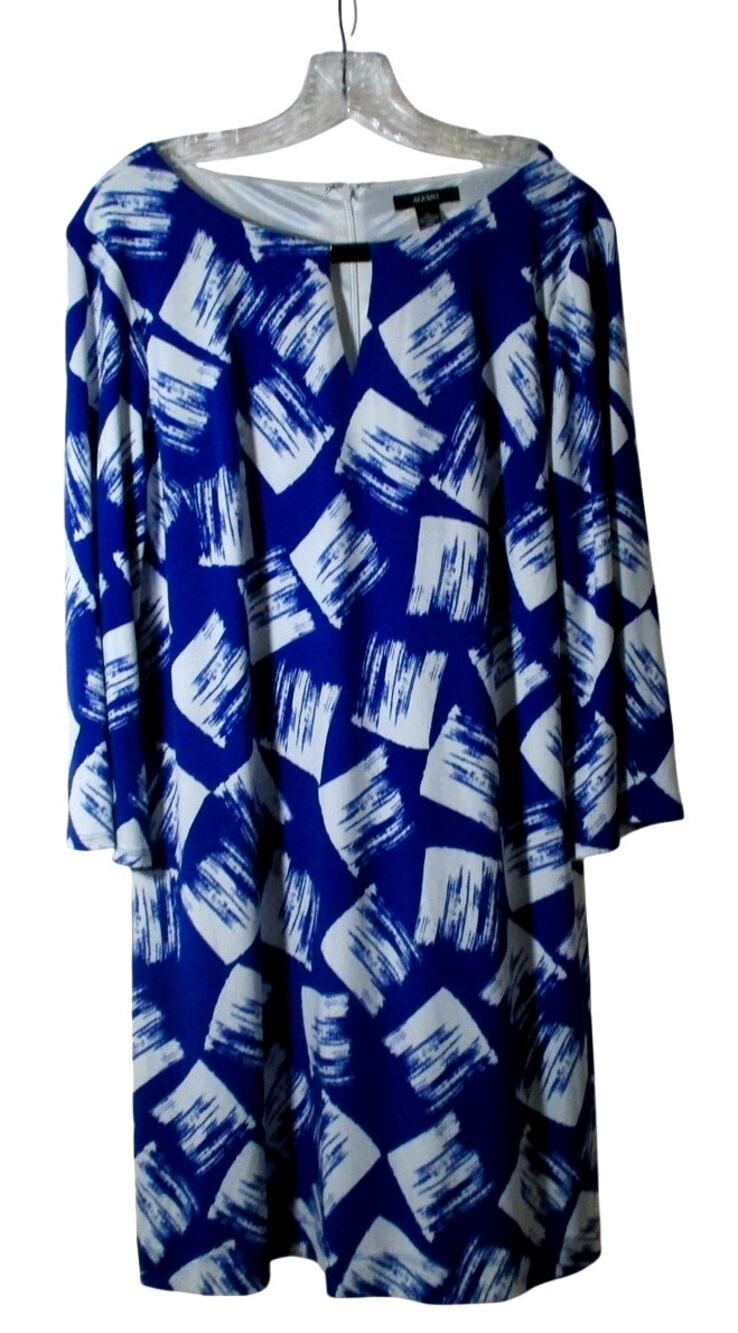 Alfani Women's Blue & White 3/4 Sleeve Lined Zip Back Dress Size Large